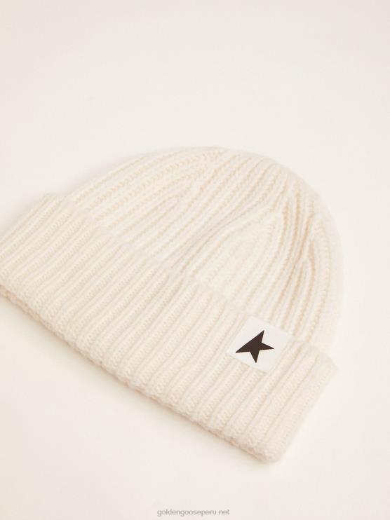 FDVPX376 Golden Goose hombres gorro de lana blanca con estrella negra en contraste
