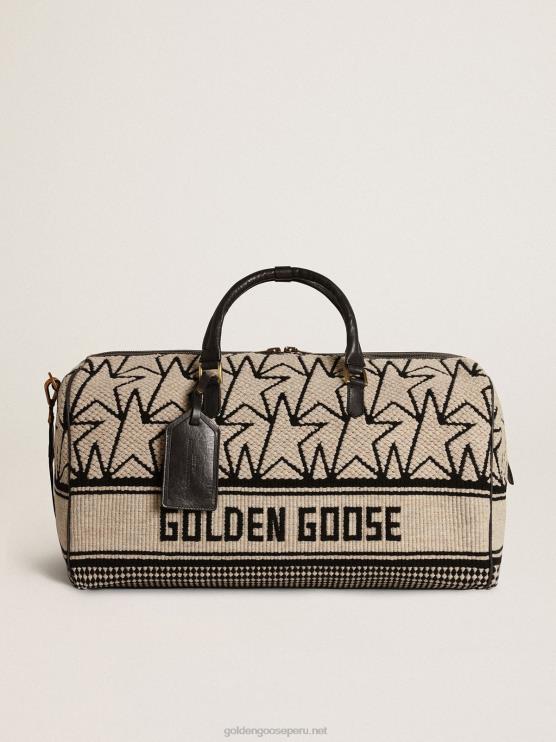 FDVPX843hombres bolsa de deporte de lana jacquard blanca como la leche con monogramas negros en contraste y letras golden goose