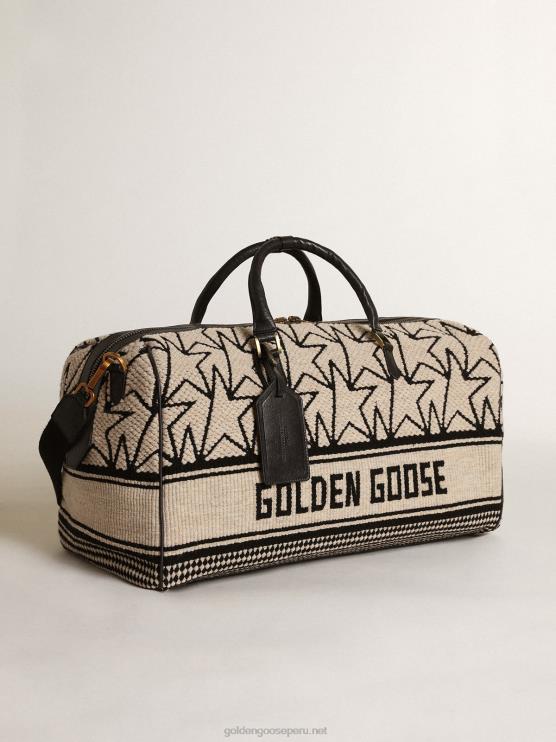 FDVPX843hombres bolsa de deporte de lana jacquard blanca como la leche con monogramas negros en contraste y letras golden goose
