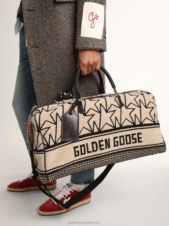 FDVPX843hombres bolsa de deporte de lana jacquard blanca como la leche con monogramas negros en contraste y letras golden goose