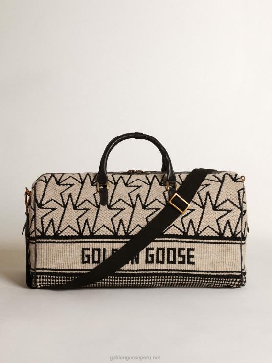 FDVPX843hombres bolsa de deporte de lana jacquard blanca como la leche con monogramas negros en contraste y letras golden goose
