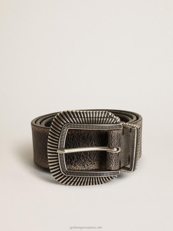 FDVPX828 Golden Goose hombres cinturón ray de piel negra con hebilla decorada