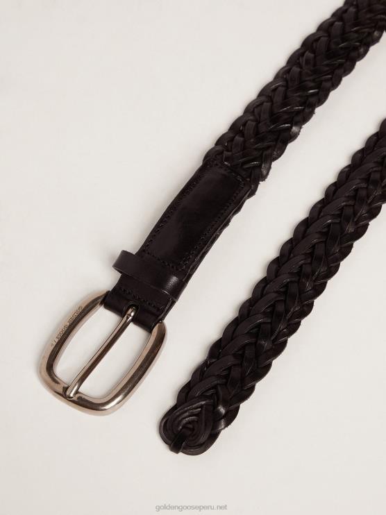 FDVPX829 Golden Goose hombres cinturón en piel trenzada negra