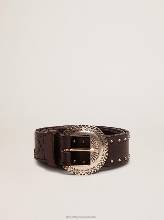 FDVPX832 Golden Goose hombres cinturón ranchero negro de piel lavada con tachuelas plateadas