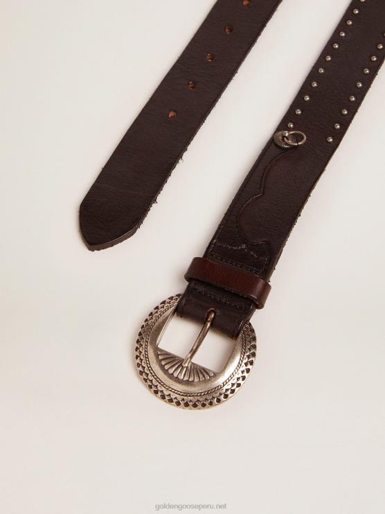 FDVPX832 Golden Goose hombres cinturón ranchero negro de piel lavada con tachuelas plateadas