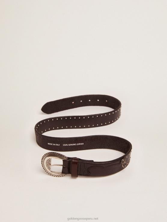 FDVPX832 Golden Goose hombres cinturón ranchero negro de piel lavada con tachuelas plateadas