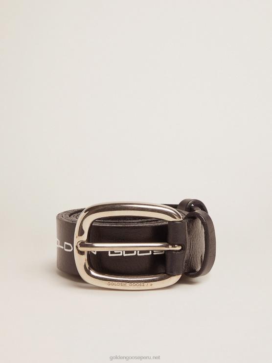 FDVPX833 Golden Goose hombres cinturón houston de piel negra con letras manuscritas en contraste