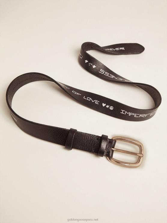 FDVPX833 Golden Goose hombres cinturón houston de piel negra con letras manuscritas en contraste