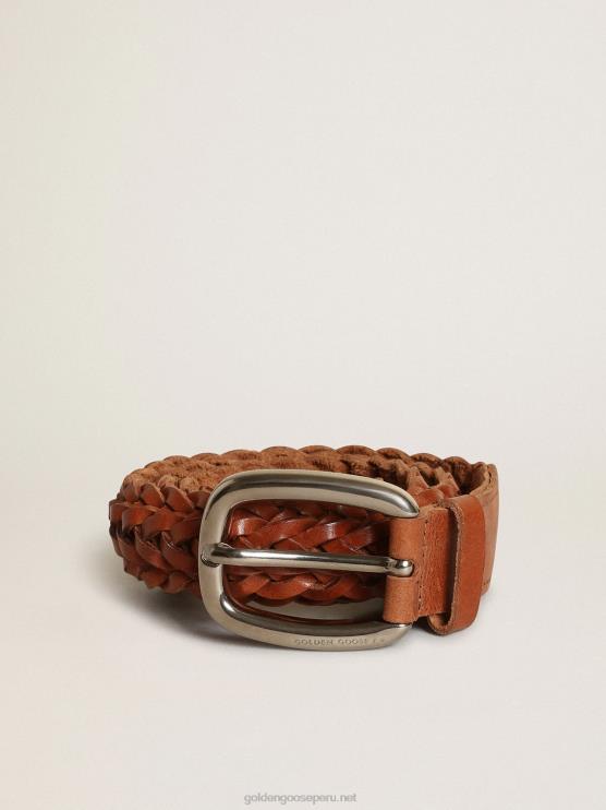 FDVPX842 Golden Goose hombres cinturón houston de piel trenzada marrón