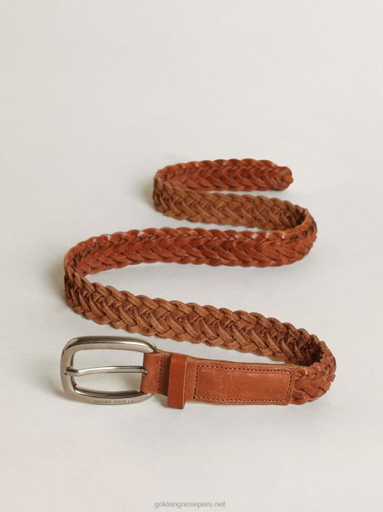 FDVPX842 Golden Goose hombres cinturón houston de piel trenzada marrón