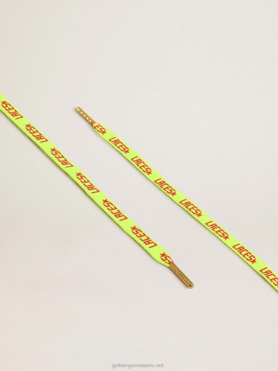 FDVPX363 Golden Goose hombres cordones de color amarillo fluorescente con letras de "cordones" de color naranja en contraste