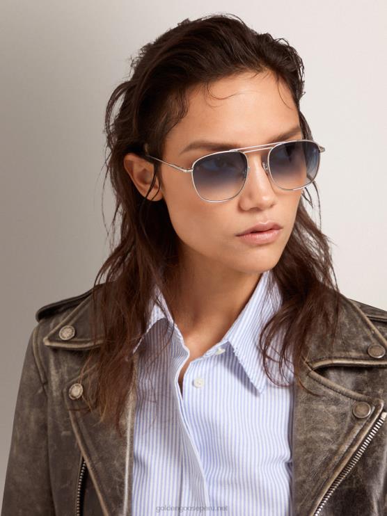 FDVPX293 Golden Goose hombres montura solar estilo roger aviator con montura plateada y lentes azules degradados