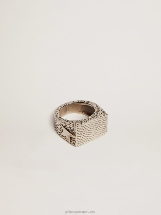 FDVPX836 Golden Goose hombres anillo cuadrado en color plata envejecida