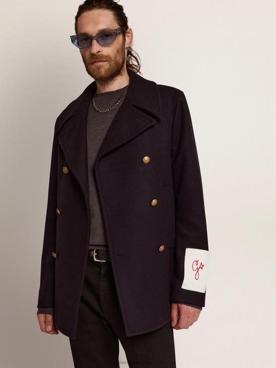 FDVPX693 Golden Goose hombres chaquetón azul oscuro con botones heráldicos dorados