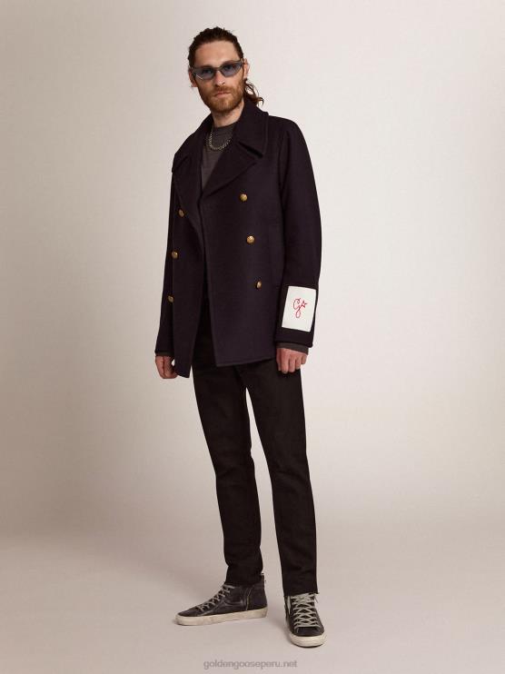 FDVPX693 Golden Goose hombres chaquetón azul oscuro con botones heráldicos dorados
