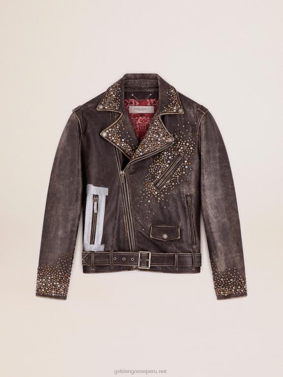 FDVPX704 Golden Goose hombres cazadora biker de piel con tachuelas martilladas y cinta adhesiva