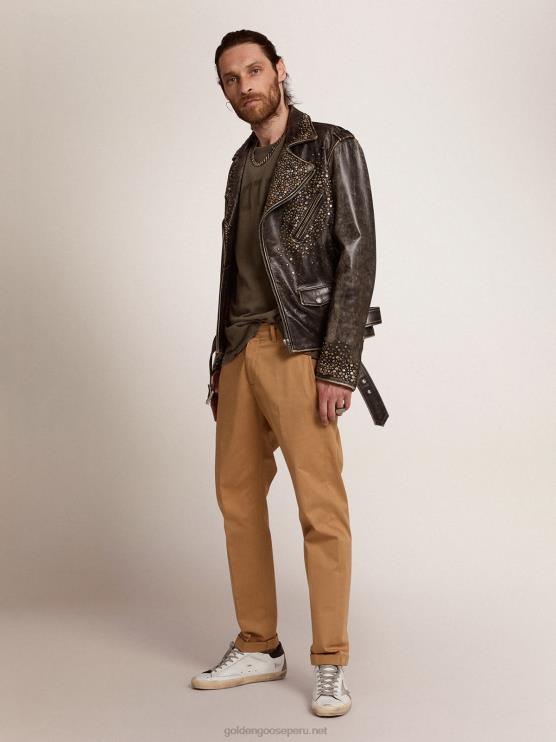 FDVPX704 Golden Goose hombres cazadora biker de piel con tachuelas martilladas y cinta adhesiva