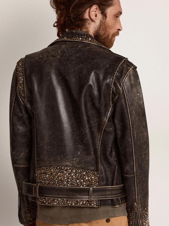 FDVPX704 Golden Goose hombres cazadora biker de piel con tachuelas martilladas y cinta adhesiva