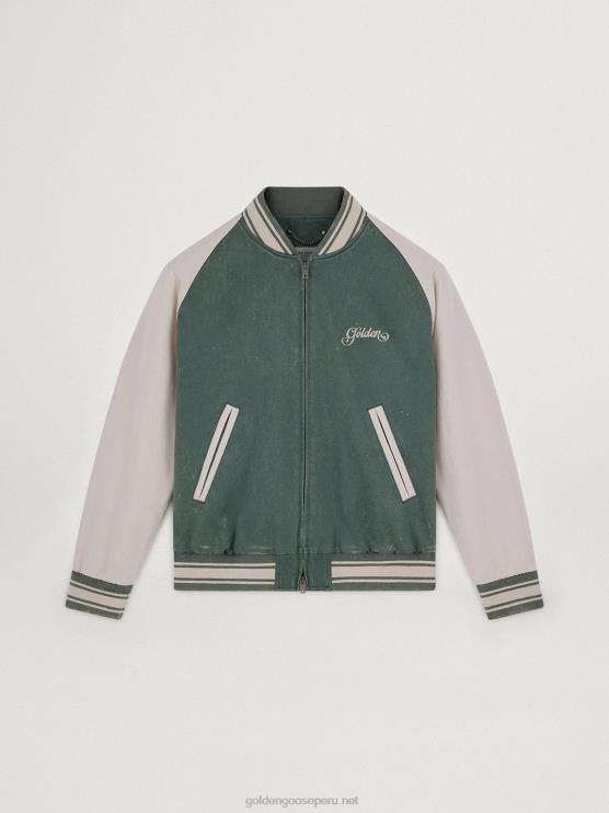 FDVPX720 Golden Goose hombres Chaqueta bomber eric verde militar y blanca de la colección Journey con efecto desgastado y bordados en contraste.