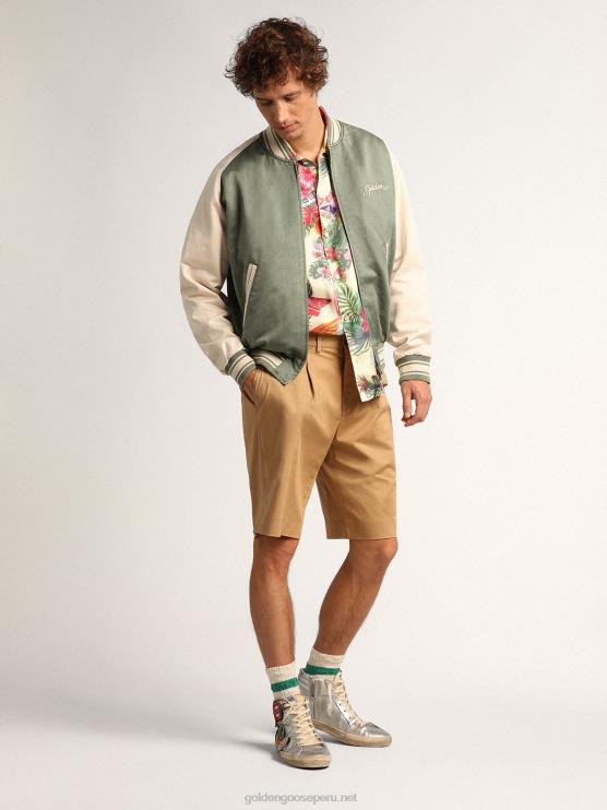 FDVPX720 Golden Goose hombres Chaqueta bomber eric verde militar y blanca de la colección Journey con efecto desgastado y bordados en contraste.