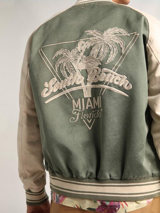 FDVPX720 Golden Goose hombres Chaqueta bomber eric verde militar y blanca de la colección Journey con efecto desgastado y bordados en contraste.