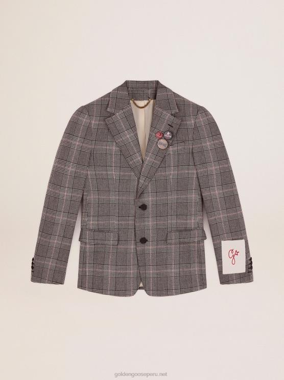 FDVPX772 Golden Goose hombres Americana de botonadura sencilla con cuadros príncipe de Gales en gris y blanco de Collection