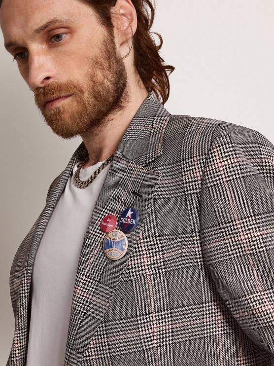 FDVPX772 Golden Goose hombres Americana de botonadura sencilla con cuadros príncipe de Gales en gris y blanco de Collection