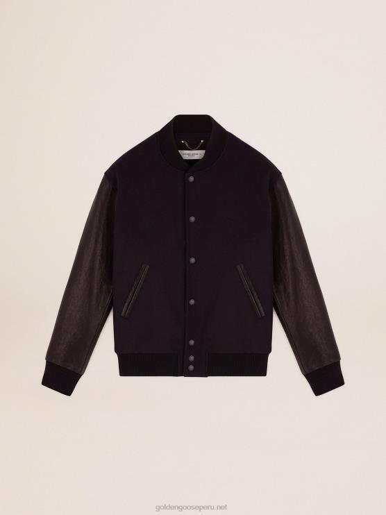 FDVPX773 Golden Goose hombres cazadora bomber de lana azul oscuro con mangas de piel envejecida