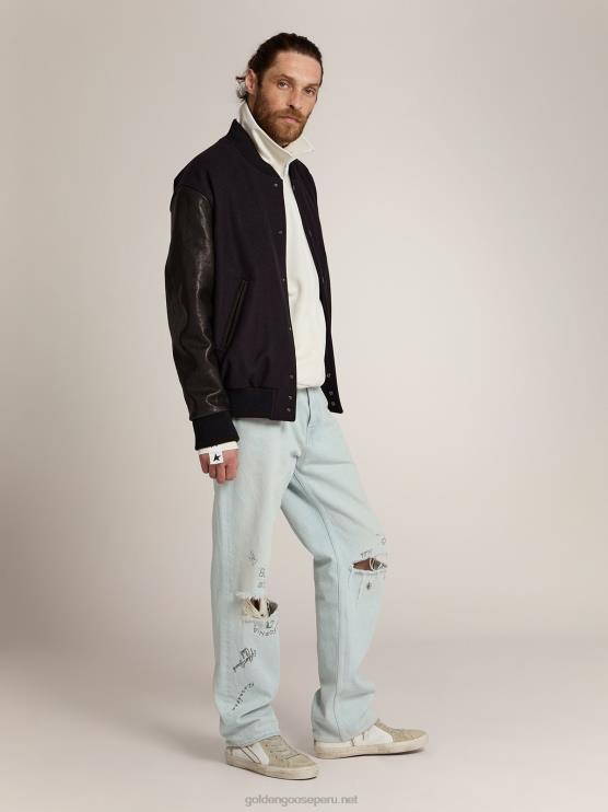 FDVPX773 Golden Goose hombres cazadora bomber de lana azul oscuro con mangas de piel envejecida
