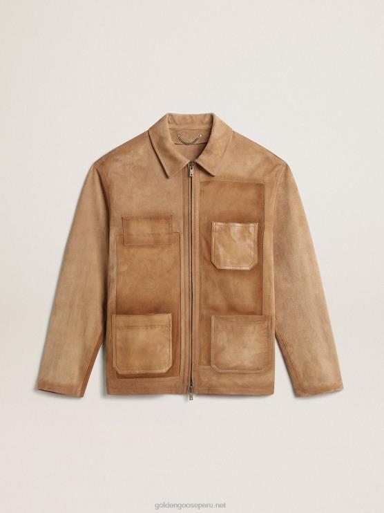 FDVPX793 Golden Goose hombres cazadora de piel color arena con parches y cierre de cremallera