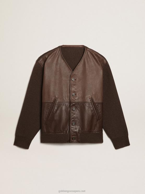 FDVPX818 Golden Goose hombres Cárdigan de punto y piel color chocolate con cuello de pico