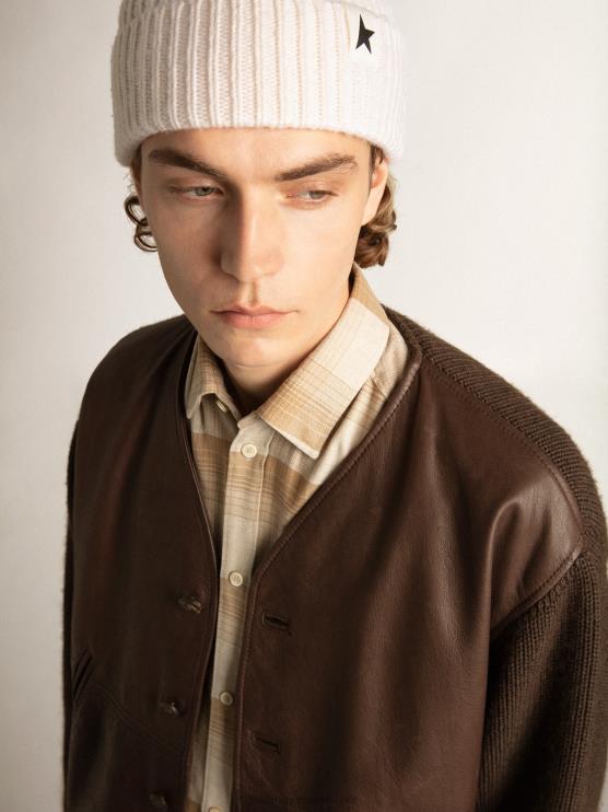 FDVPX818 Golden Goose hombres Cárdigan de punto y piel color chocolate con cuello de pico