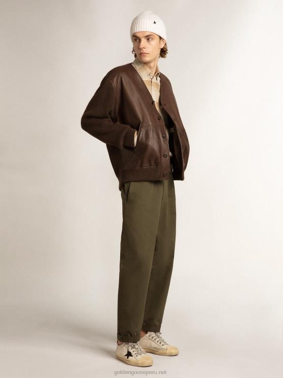 FDVPX818 Golden Goose hombres Cárdigan de punto y piel color chocolate con cuello de pico