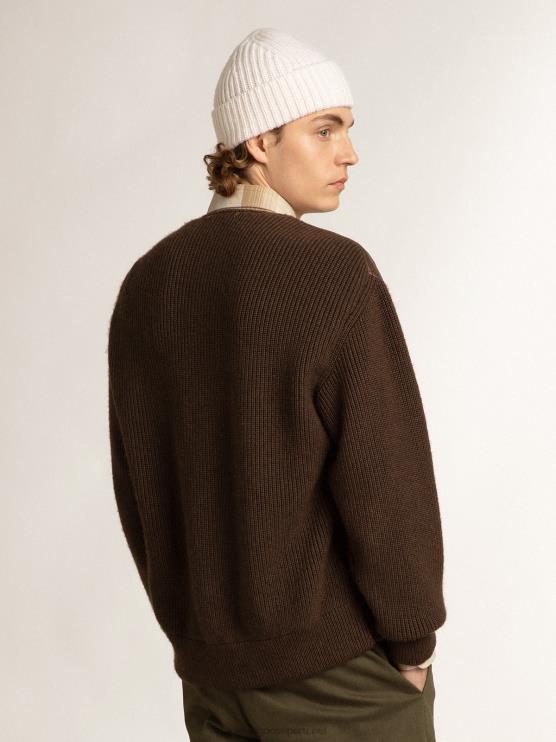 FDVPX818 Golden Goose hombres Cárdigan de punto y piel color chocolate con cuello de pico