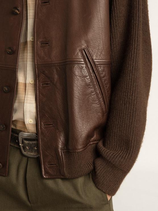 FDVPX818 Golden Goose hombres Cárdigan de punto y piel color chocolate con cuello de pico