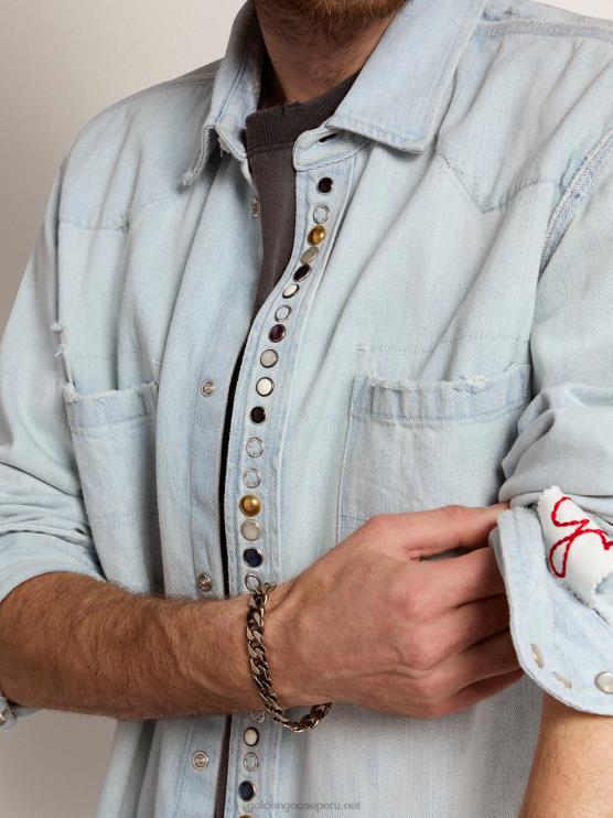 FDVPX700 Golden Goose hombres colección camisa vaquera blanqueada con tachuelas martilladas