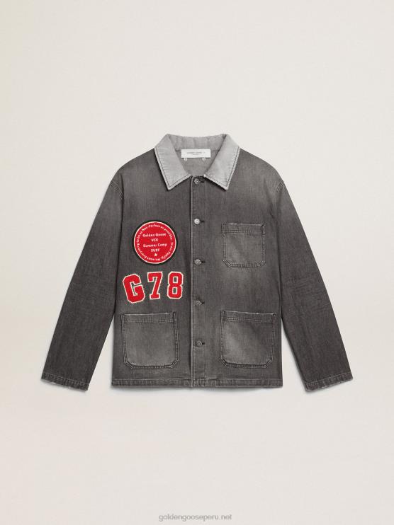 FDVPX722 Golden Goose hombres camisa vaquera negra con parches