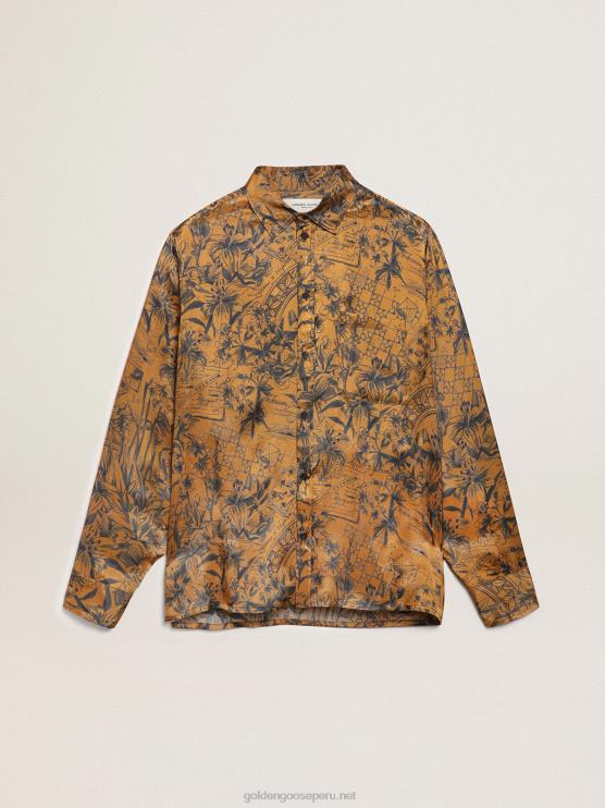 FDVPX744 Golden Goose hombres Camisa de la colección Journey en marrón dorado con estampado de libretas.