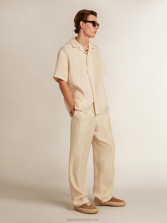 FDVPX779 Golden Goose hombres camisa de manga corta de lino color pergamino