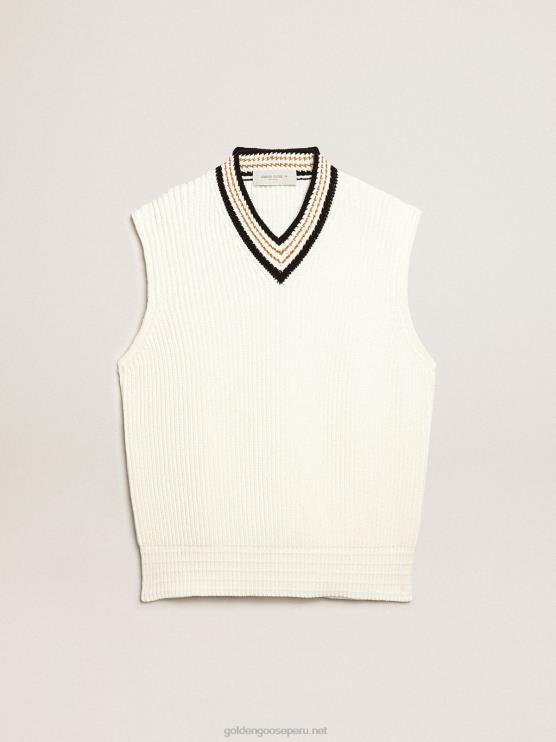 FDVPX783 Golden Goose hombres chaleco con cuello de pico en hilo de algodón color papiro