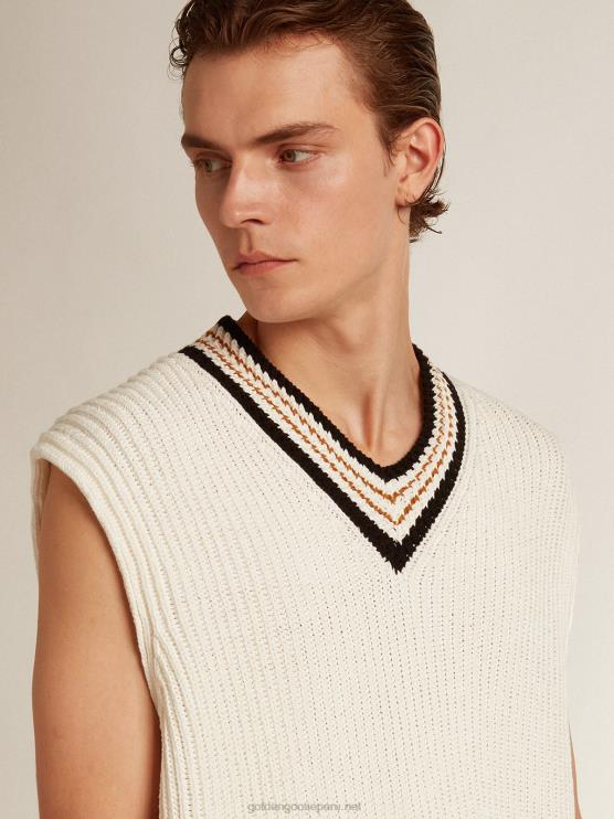 FDVPX783 Golden Goose hombres chaleco con cuello de pico en hilo de algodón color papiro