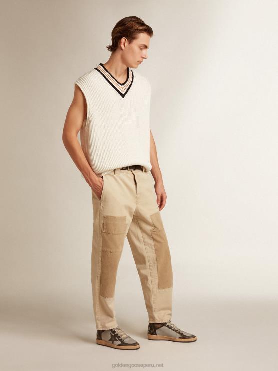 FDVPX783 Golden Goose hombres chaleco con cuello de pico en hilo de algodón color papiro
