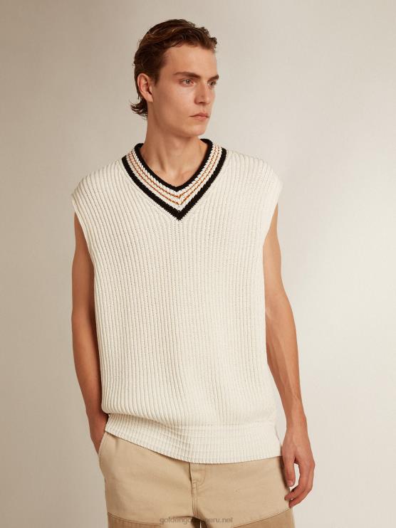 FDVPX783 Golden Goose hombres chaleco con cuello de pico en hilo de algodón color papiro