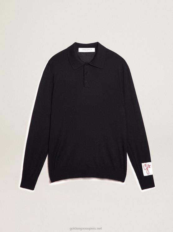 FDVPX789 Golden Goose hombres polo de manga larga de lana merino azul marino