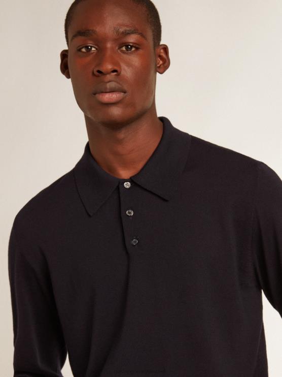 FDVPX789 Golden Goose hombres polo de manga larga de lana merino azul marino