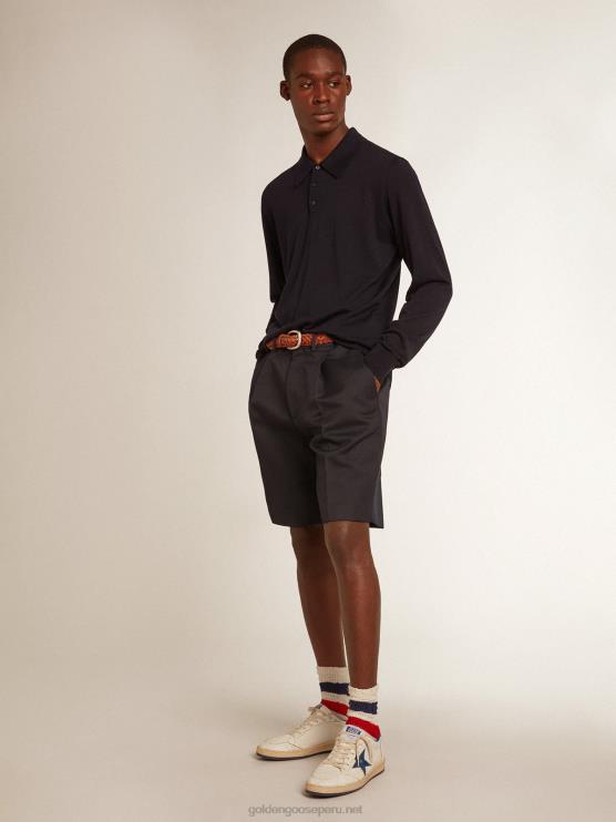 FDVPX789 Golden Goose hombres polo de manga larga de lana merino azul marino