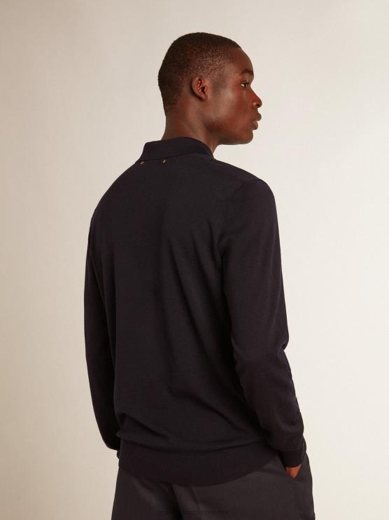 FDVPX789 Golden Goose hombres polo de manga larga de lana merino azul marino