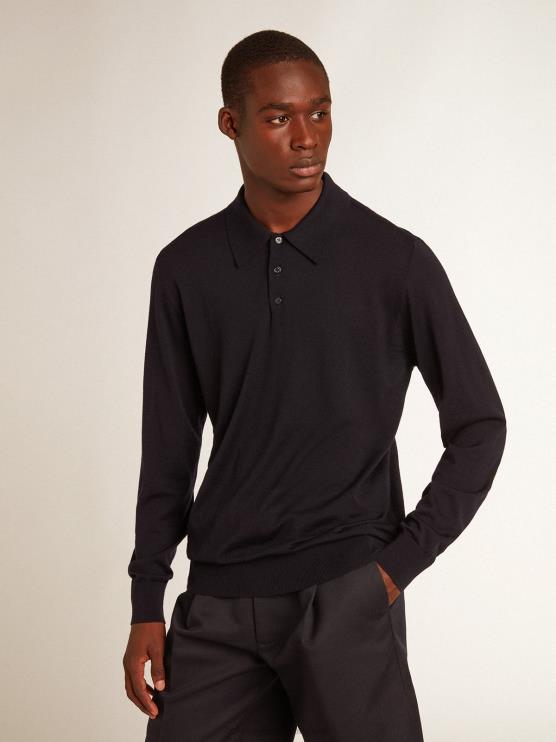 FDVPX789 Golden Goose hombres polo de manga larga de lana merino azul marino