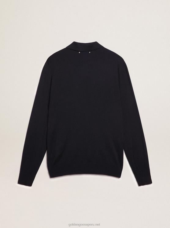 FDVPX789 Golden Goose hombres polo de manga larga de lana merino azul marino