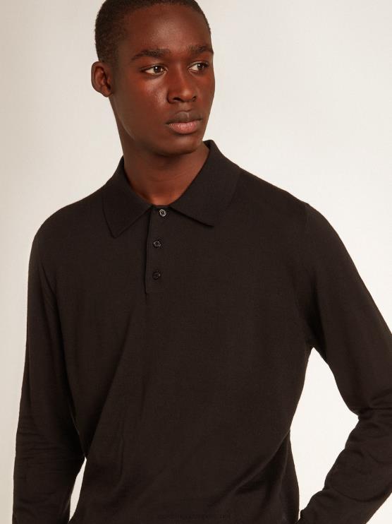 FDVPX814 Golden Goose hombres polo de manga larga en lana merino negra